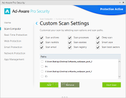 Showing the Ad-Aware Pro Security settings for the custom scan mode